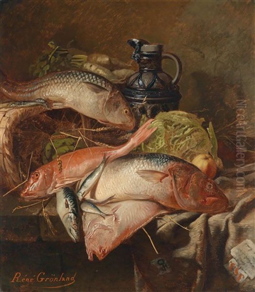 Stillleben Mit Fischen Und Steinzeug Oil Painting by Rene Groenland