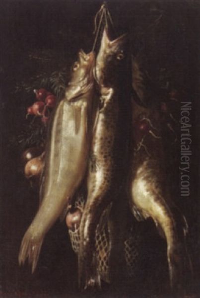 Stilleben Mit Hangenden Fischen, Zwiebeln Und Radieschen Oil Painting by Rene Groenland