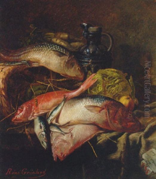 Skate, Mackerel, Sea Bass And A Gurnard On A Table With A Cabbage, An Apple And A Ewer Oil Painting by Rene Groenland