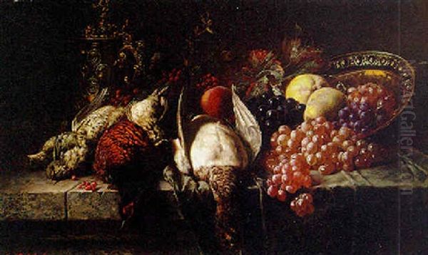 Pheasants, Woodcock, A Tankard And Fruit On A Table Oil Painting by Rene Groenland