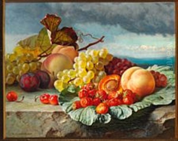 Still Life With Peaches, Plums, Cherries, Strawberries And Grapes On A Sill Oil Painting by Theude Groenland