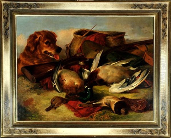 Jagdstillleben Mit Jagdhund Und Erlegten Wildenten Oil Painting by Theude Groenland