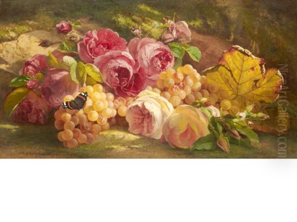 Roses And Grapes Against A Grassy Bank Oil Painting by Theude Groenland