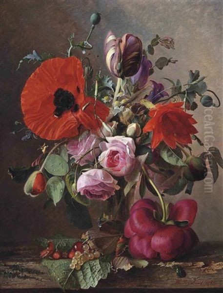 Poppies, Tulips And Roses In A Vase By Strawberries And Grapes On A Wooden Shelf Oil Painting by Theude Groenland