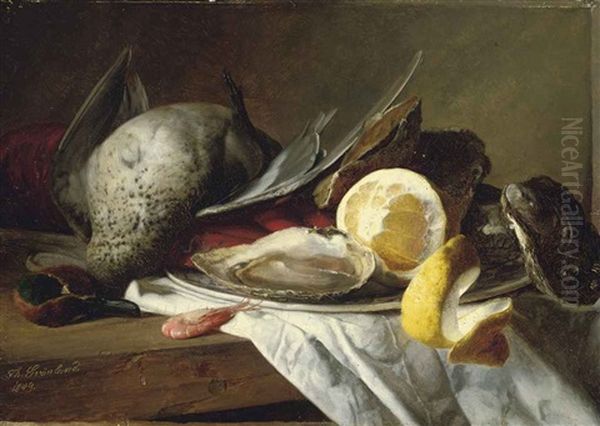 Still Life Of A Duck, A Shrimp And A Plate Of Oysters Oil Painting by Theude Groenland