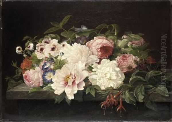 Still Life Of Flowers On A Marble Ledge Oil Painting by Theude Groenland