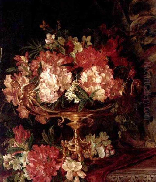 Rhododendrons And Apple Blossom In An Ornamental Table Centre On A Draped Sideboard Oil Painting by Theude Groenland