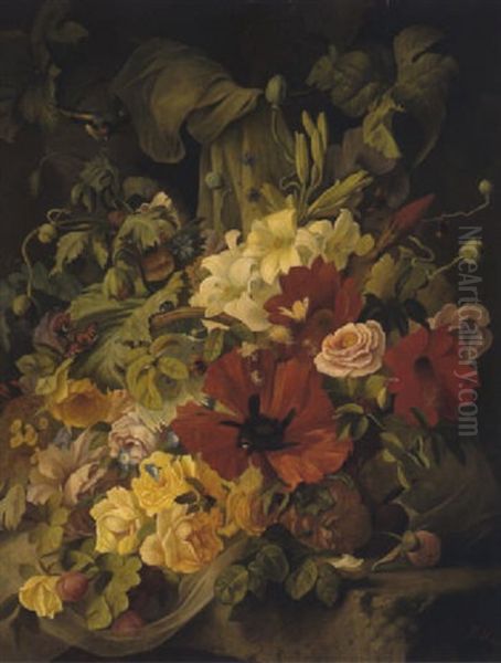 Ein Blumenstraus Mit Rosen, Lilien, Mohnbluten, Einem Steiglitz Und Schmetterlingen In Einem Korb by Theude Groenland