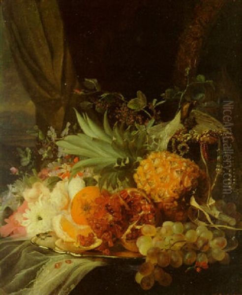 A Pineapple, An Orange, Grapes And A Pommegranite With Flowers On A Draped Ledge by Theude Groenland