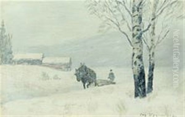 Winterscenery With Horse And Coachman Pulling Trunks Home From The Woods Oil Painting by Oscar Gronmyraz