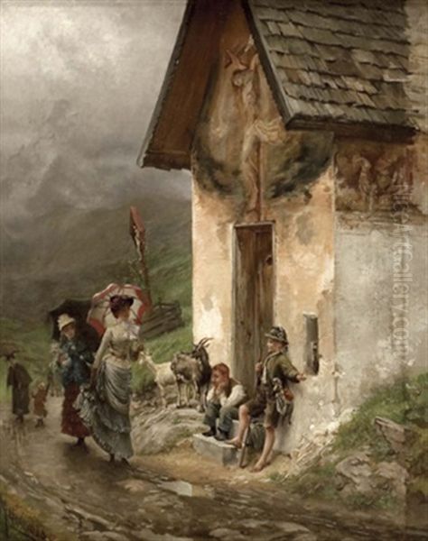 Vom Regen Uberraschte Besucher Auf Der Hochalm Oil Painting by Markus Frederik Steen Gronvold