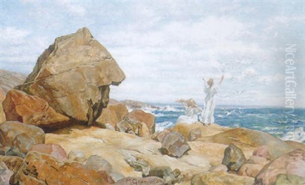 Maidens On A Rocky Shore Oil Painting by Markus Frederik Steen Gronvold