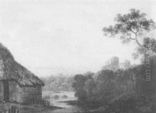 An Extensive Wooded River Landscape With A Distant Castle   Beyond Oil Painting by William Groombridge