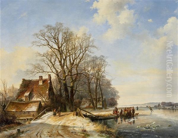 Winterlandschaft Mit Schlittschuhlaufern Auf Dem Eis Oil Painting by Frans Arnold Breuhaus de Groot