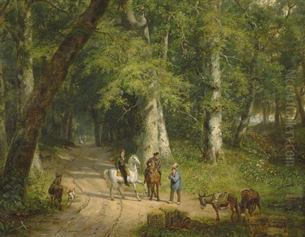 Reiter Im Gesprach Auf Einem Waldweg Oil Painting by Frans Arnold Breuhaus de Groot