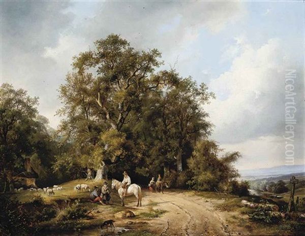 Travellers In A Dutch Landscape Oil Painting by Frans Arnold Breuhaus de Groot