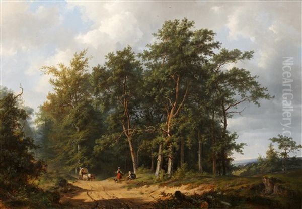 Horse And Cart With Figures On A Track Gathering Firewood In A Wooded Landscape Oil Painting by Frans Arnold Breuhaus de Groot