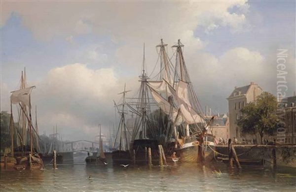 Rotterdam With A View Of The Leuvehaven With The Steigerse Kerk In The Distance Oil Painting by Frans Arnold Breuhaus de Groot