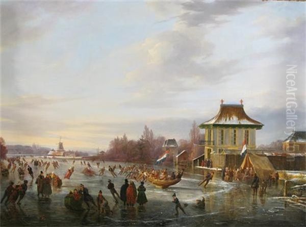 Extensive Winter Landscape With Numerous Figures On A Frozen Lake By A Pavillion Oil Painting by Frans Arnold Breuhaus de Groot