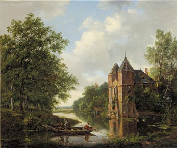 A River Landscape With Anglers In A Rowing Boat By A Ruined Mansion Oil Painting by Frans Arnold Breuhaus de Groot