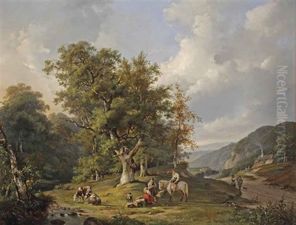 A Wooded Landscape With Figures Resting Near A Stream Oil Painting by Frans Breuhaus de Groot