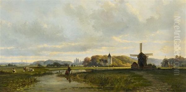 Weite Hollandische Landschaft, Im Hintergrund Eine Stadtsilhouette (den Haag?) Oil Painting by Frans Breuhaus de Groot