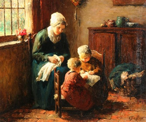 Interior Scene With Mother And Children Oil Painting by Jan Ernst De Groot