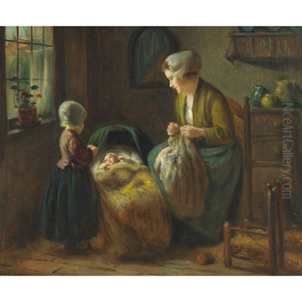 Dutch Interior With Mother And Children Oil Painting by Jan Ernst De Groot