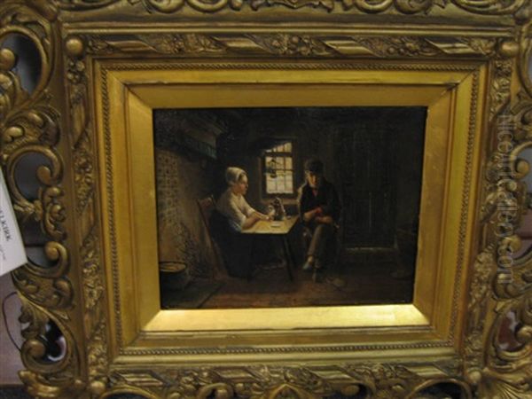 Interior Genre Scene With A Couple Seated At A Table Oil Painting by Jan Ernst De Groot