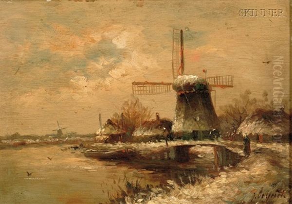 Winter Landscape With Windmill Oil Painting by Joseph De Groot