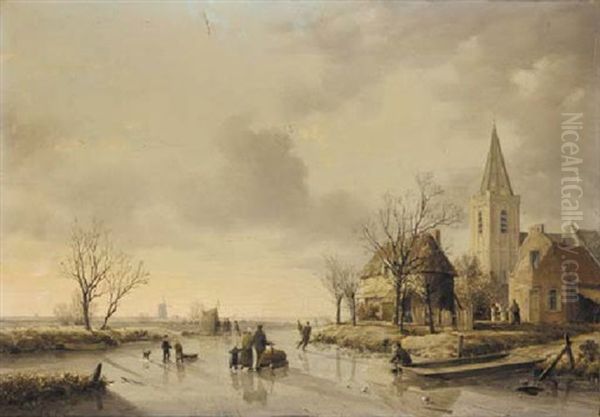 Skaters In Dutch Landscape Oil Painting by Joseph De Groot