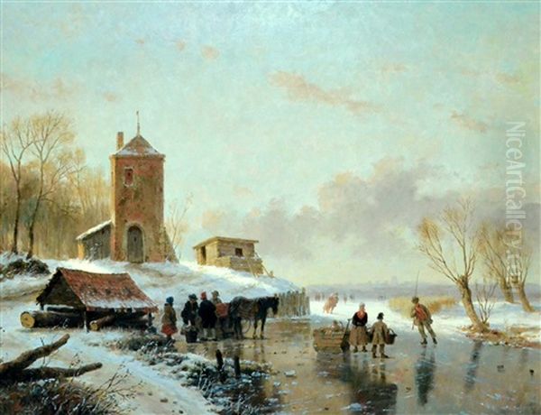 Busy Winter Scene Oil Painting by A. de Groote