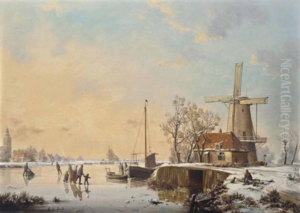 A Winter Landscape With Figures Ice Skating By A Bridge And Windmill (+ A Winter Landscape With Figures Ice Skating And A Horse And Cart; 2 Works) Oil Painting by A. de Groote