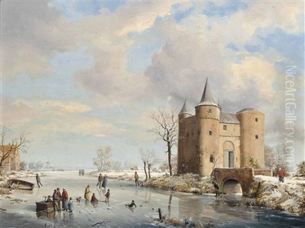 A Winter Landscape With Figures Ice Skating By A Castle; A Winter Landscape With Figures Ice Skating By A Mill (+ A Winter Landscape With Figures Ice Skating By A Small Village; 2 Works) Oil Painting by A. de Groote