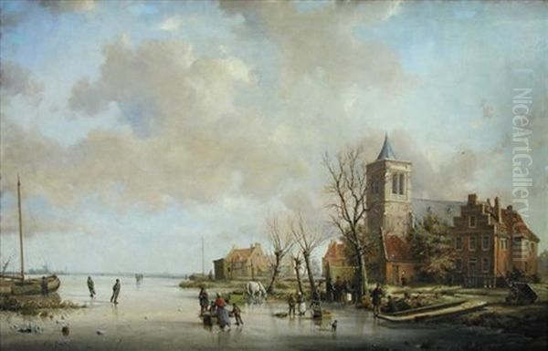 Villagers Carting Firewood On A Frozen River, A Church Beyond Oil Painting by A. de Groote