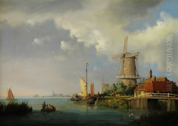 Dutch Waterway Oil Painting by A. de Groote