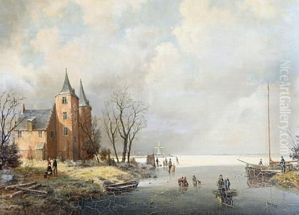 Figures On A Frozen River Oil Painting by A. de Groote