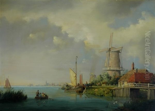 Dutch Waterway Oil Painting by A. de Groote