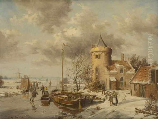 Patineurs Pres De La Tour Oil Painting by A. de Groote