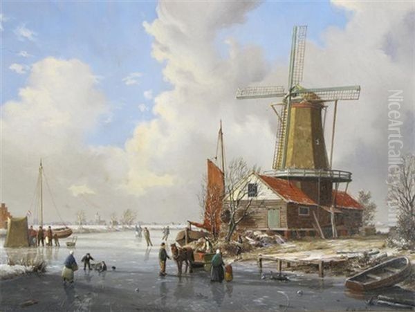 Winter Scene By A Windmill Oil Painting by A. de Groote