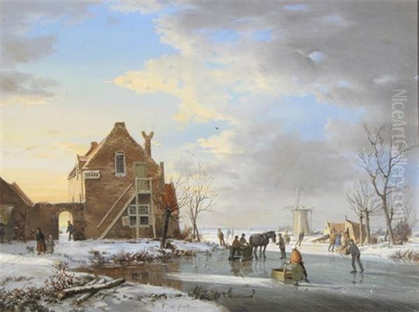 A Winter's Evening Dortrecht Oil Painting by A. de Groote