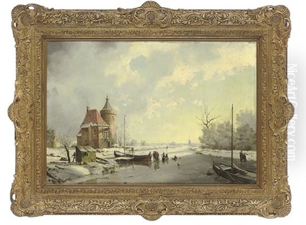 Figures On A Frozen River Oil Painting by A. de Groote