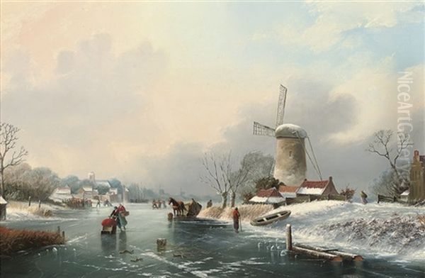 A Frozen River Landscape Oil Painting by A. de Groote