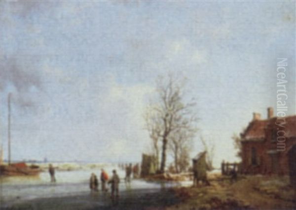 Ice Skaters In A Winter Landscape Oil Painting by A. de Groote