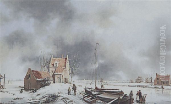 A Dutch Winter Landscape Oil Painting by A. de Groote