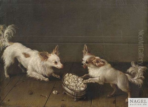 Zwei Zwergspaniel An Einer Silbernen Zuckerschale Oil Painting by Johann Friedrich Grooth