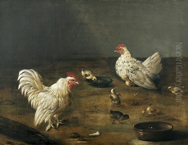 Hahn, Henne Und Kuken Am Wassernapf Oil Painting by Johann Friedrich Grooth