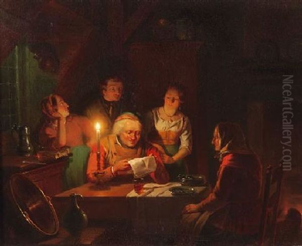 Familie Im Kerzenschein Bei Der Zeitungslekture Oil Painting by Jan David Geerling Grootveld