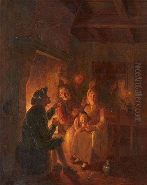 Company By The Fire Oil Painting by Jan Hendrik van Grootvelt