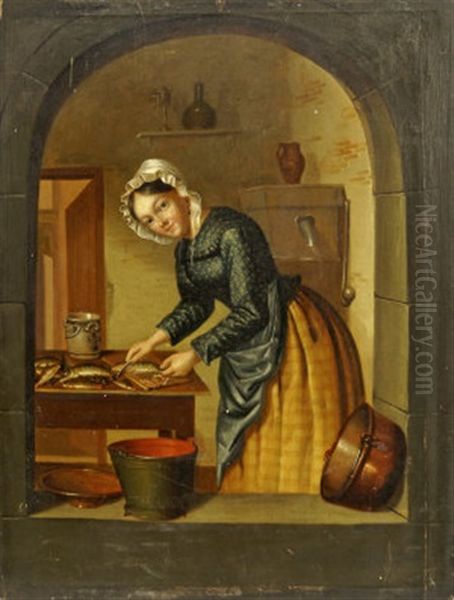 A Woman Preparing Fish Oil Painting by Jan Hendrik van Grootvelt